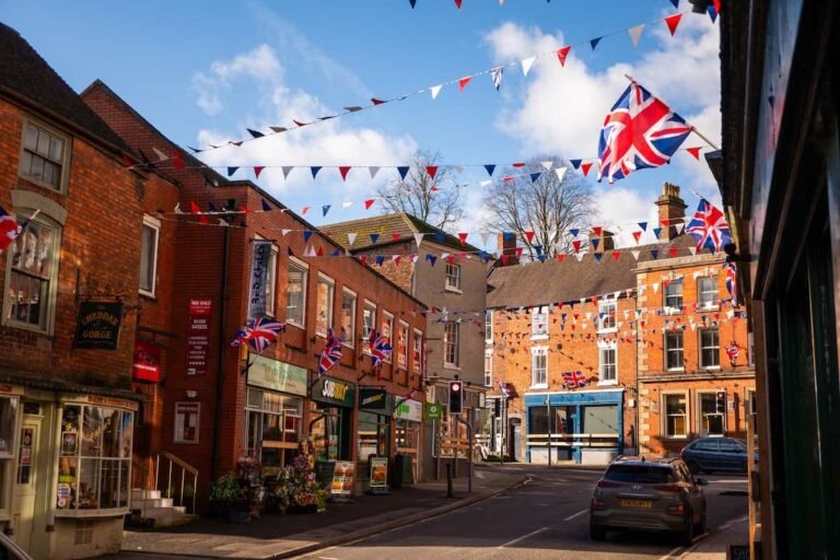 buntings hanging between buildings from street view